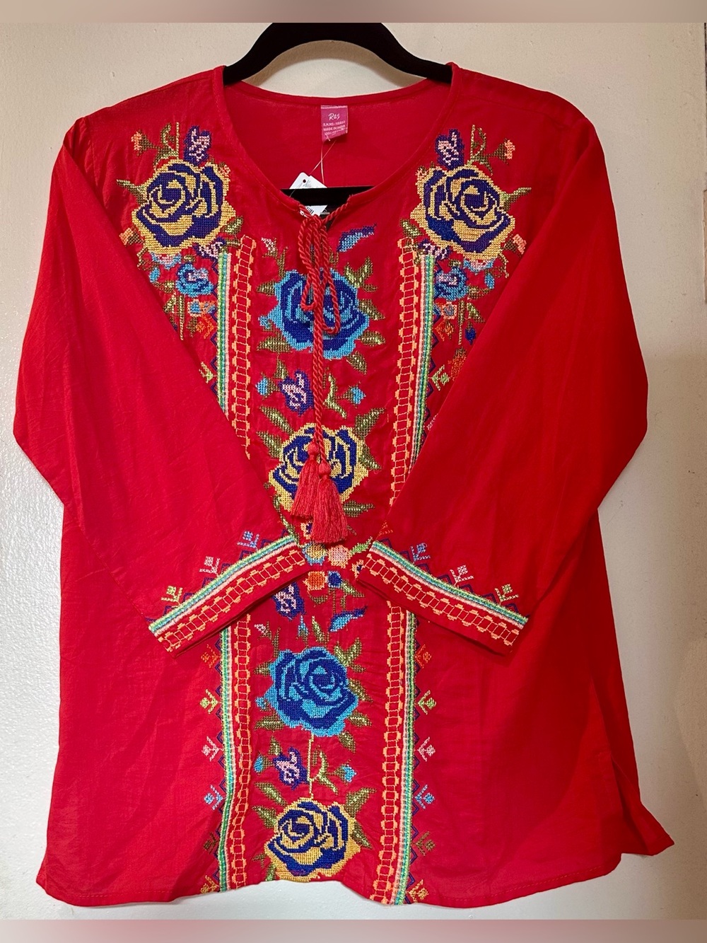 NWT Raj Neiman Marcus Embroidered Floral Peasant Tunic Blouse Red M
